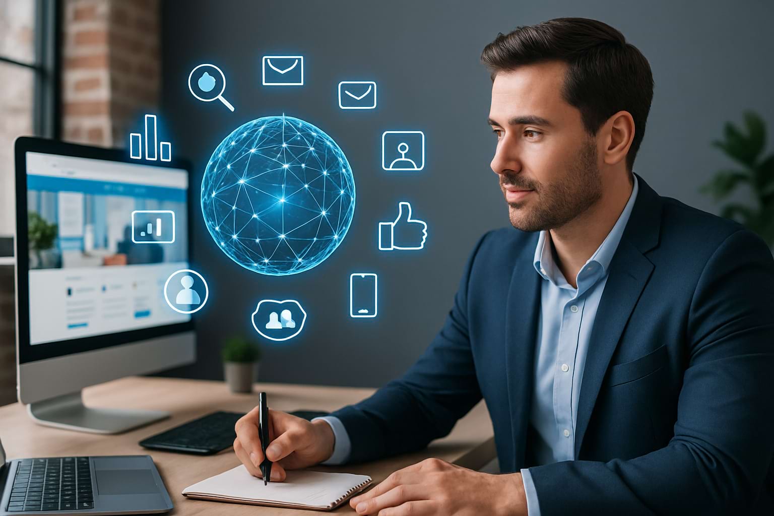 Businessman planning digital strategy with online presence icons and global network, symbolizing modern business visibility.