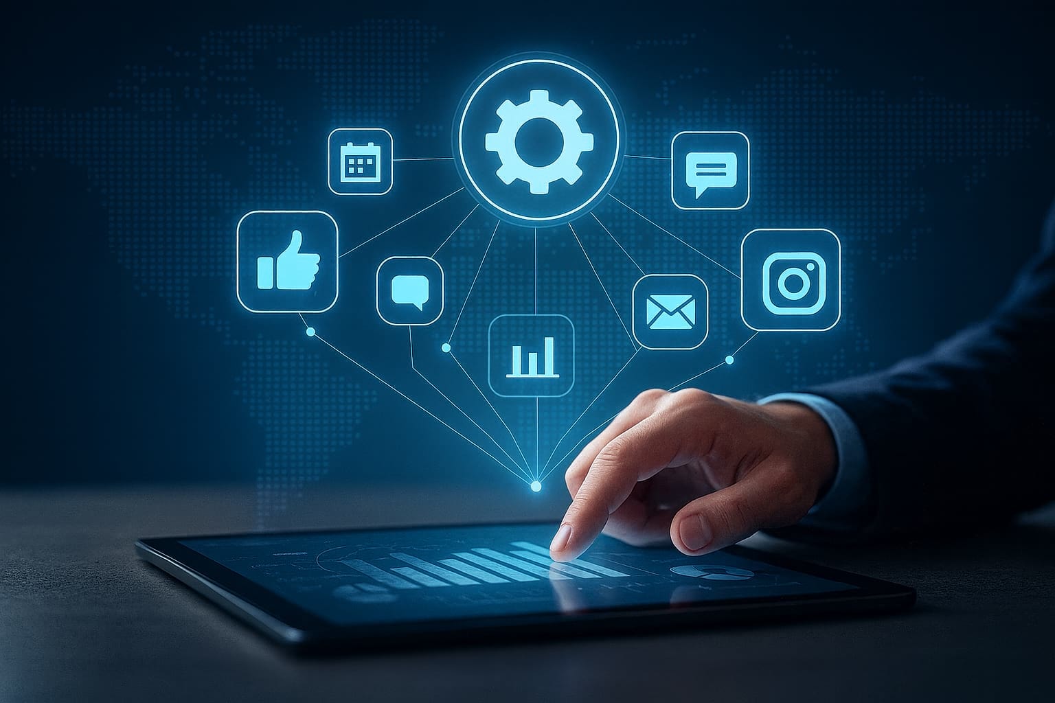 Professional concept of AI-driven social media management software integrating analytics and automation.