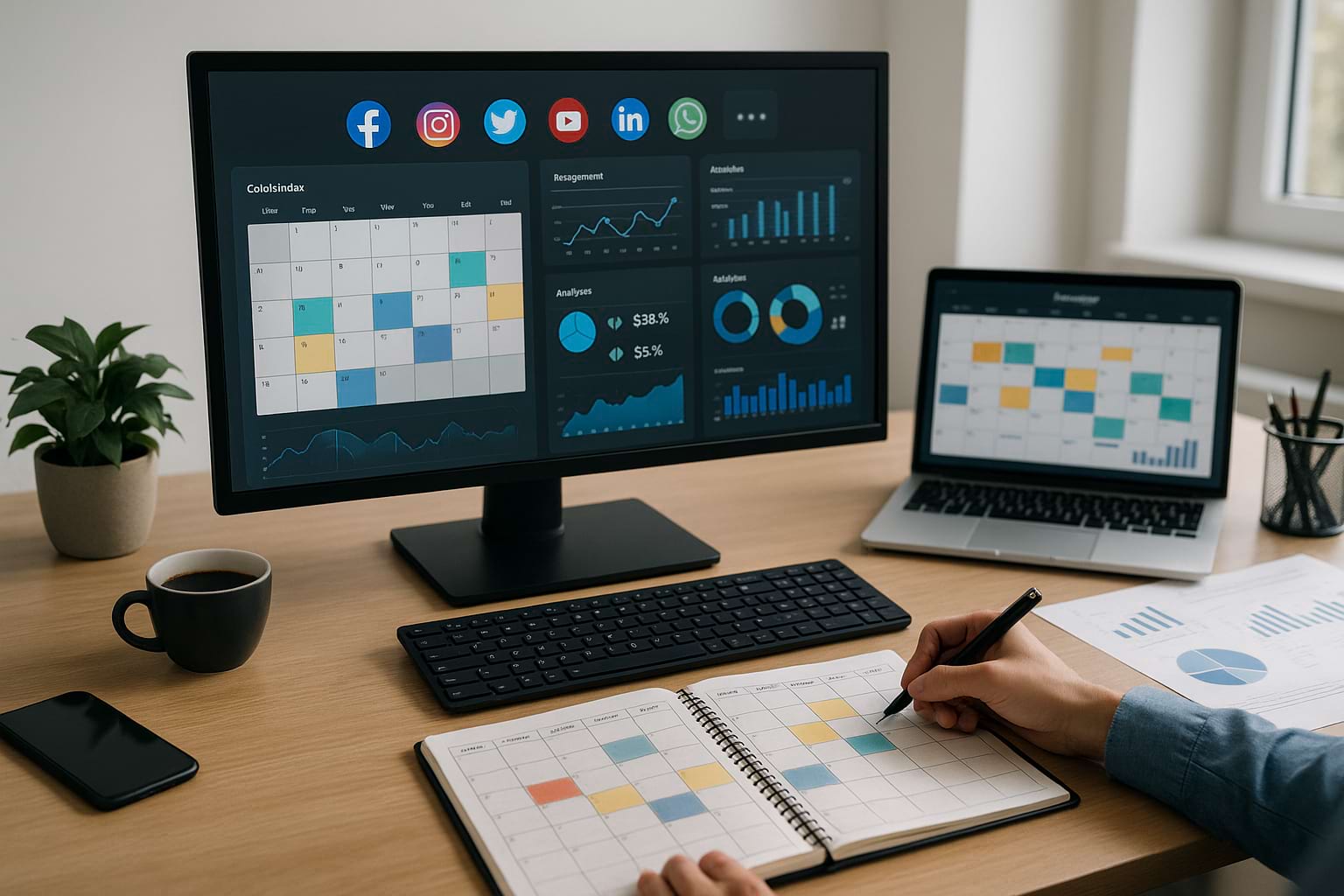 Modern workspace with digital tools and analytics dashboards for professional social media content management.