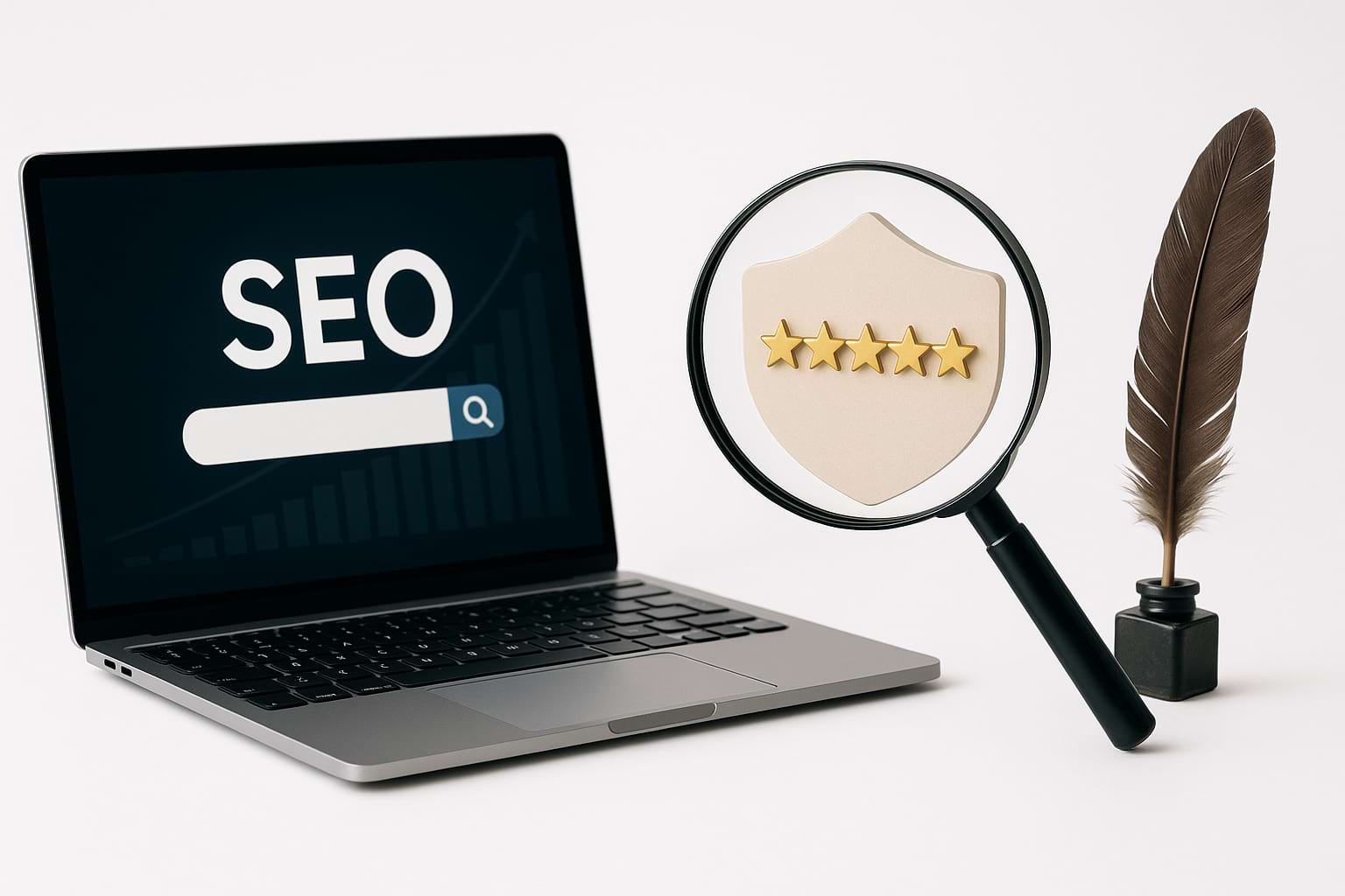 Professional banner depicting digital reputation monitoring SEO with laptop, magnifying glass, and five-star shield symbolizing trust, credibility, and brand reputation.
