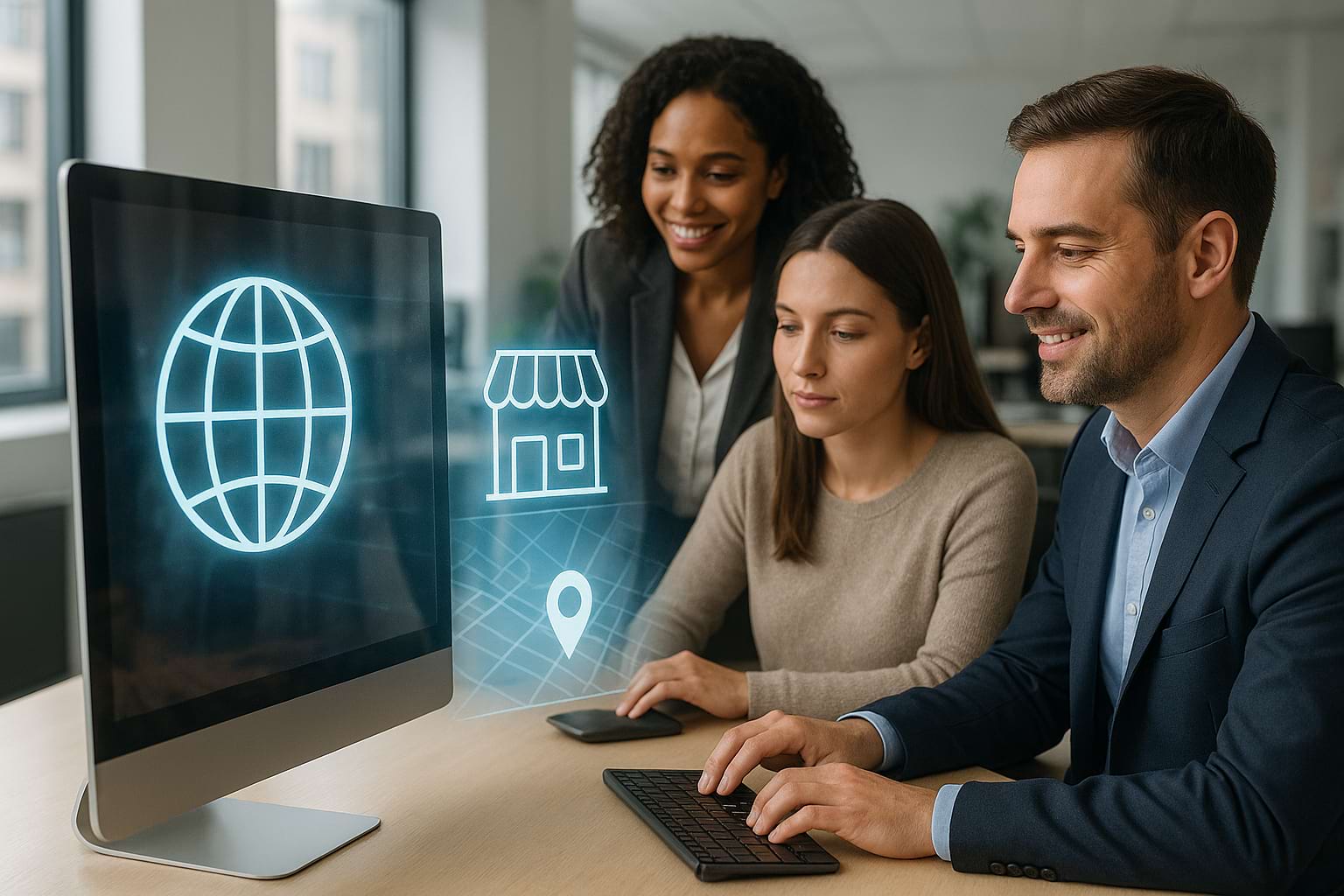 Professionals collaborating in a modern office with holographic business analytics.