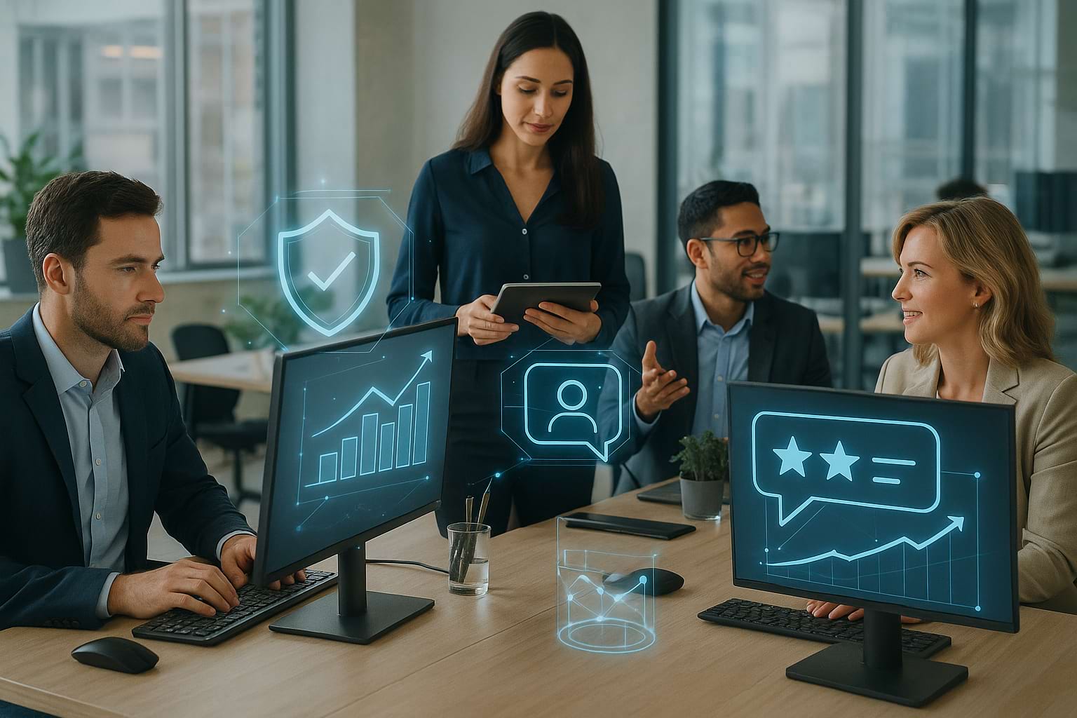 Professional team managing digital reputation strategies in a modern office with digital analytics overlays, representing brand reputation supervision and digital engagement.