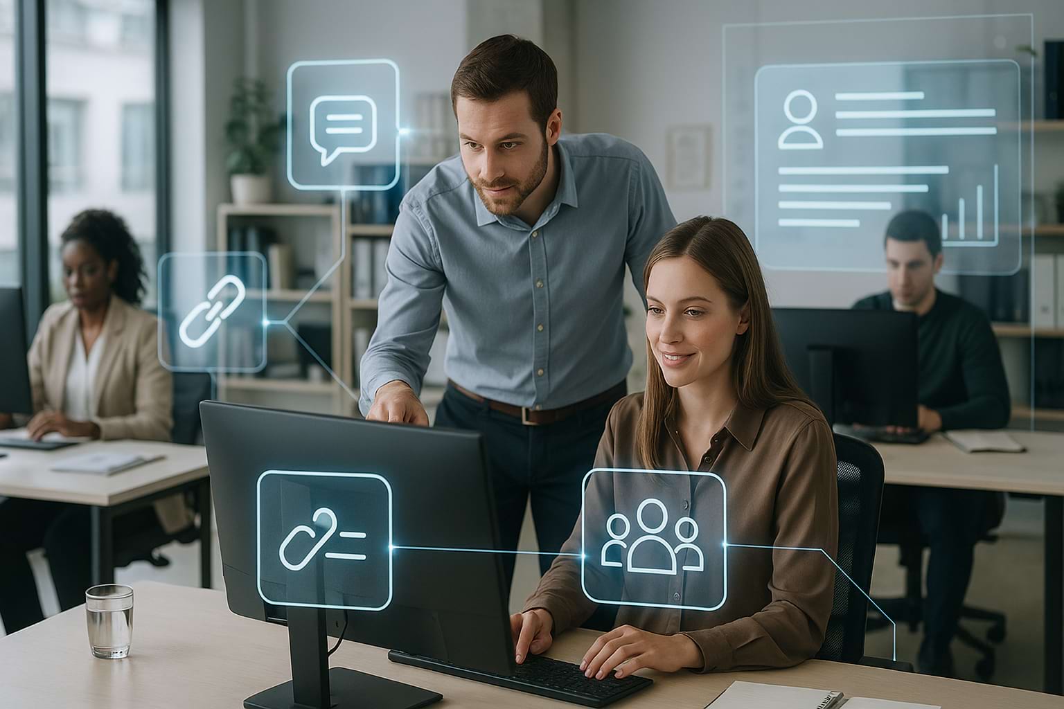 Professionals collaborating in a modern office using digital interfaces representing online interaction and collaboration utilities..