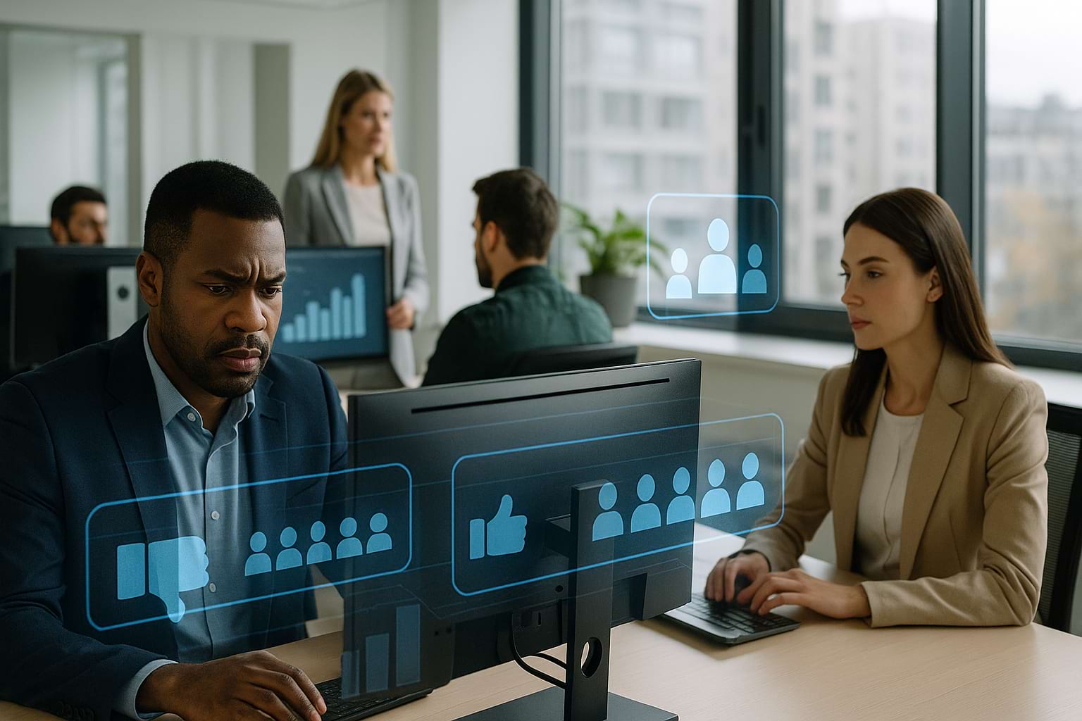 Professionals in a modern office analyzing digital data with holographic interfaces representing corporate image in the automated age