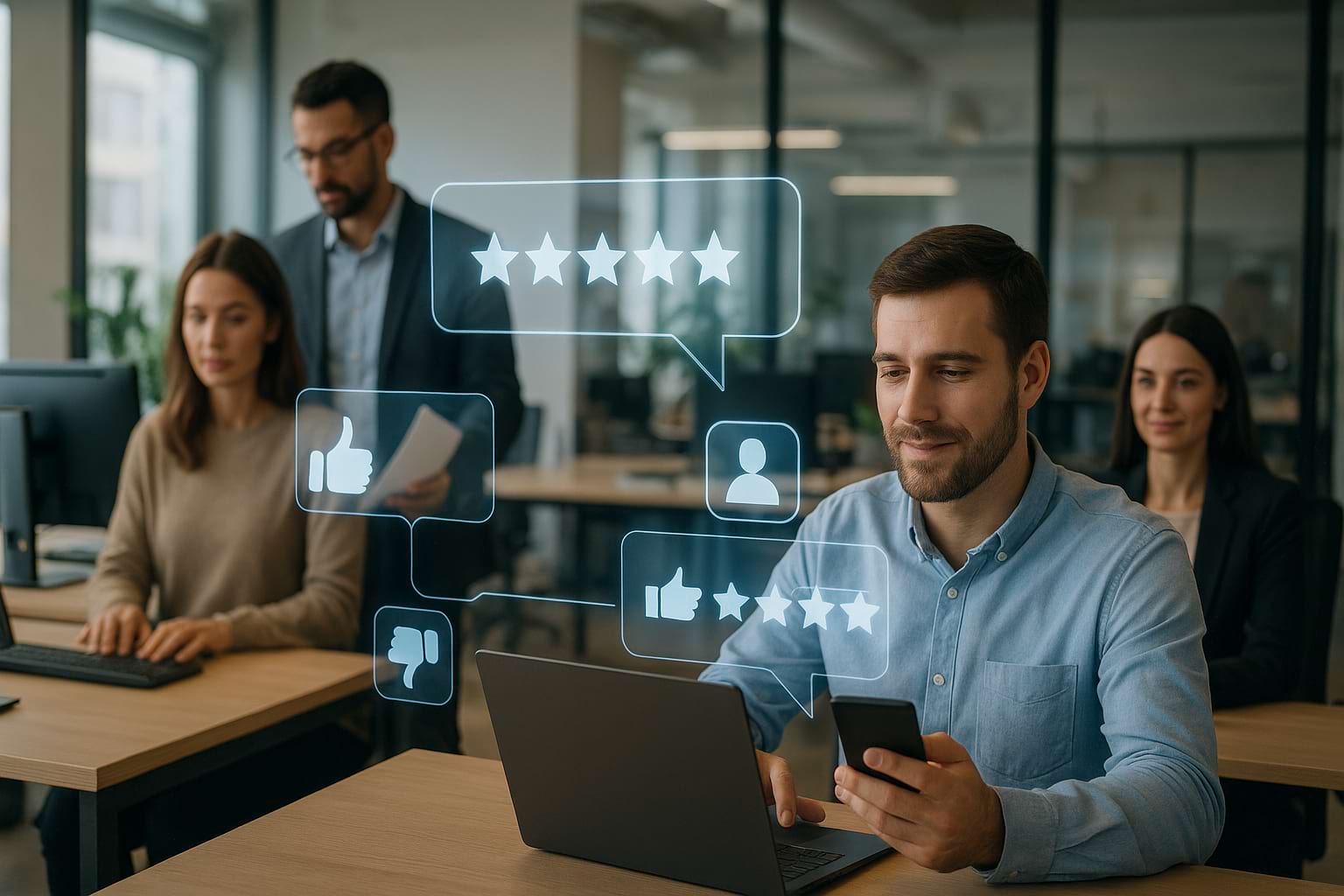Professionals in a modern office analyzing online reviews and reputation management data with digital holographic interfaces.