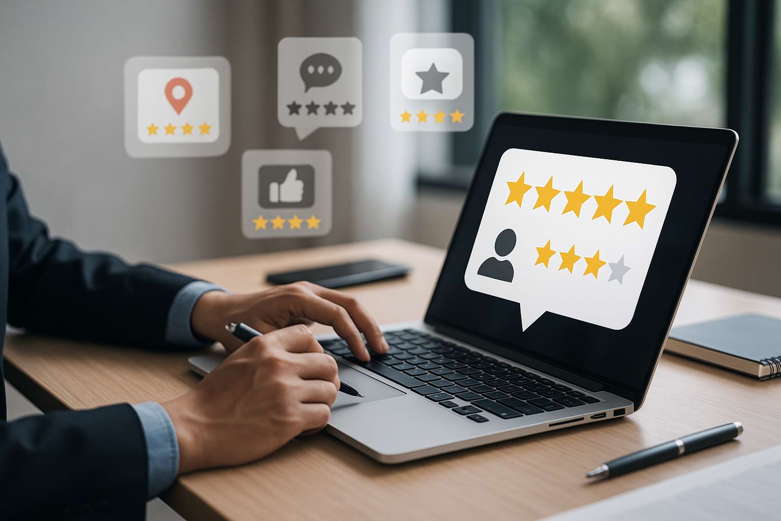 Professional setting with a person managing online feedback and client feedback, symbolizing reputation management.