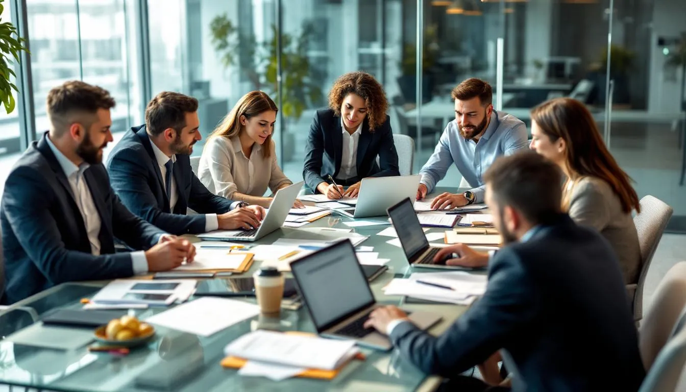 A group of business professionals is collaborating around a conference table, equipped with laptops and documents, discussing strategies to enhance their company's positive brand reputation and consumer loyalty. The atmosphere is focused and productive, highlighting the importance of effective reputation management in achieving business success.