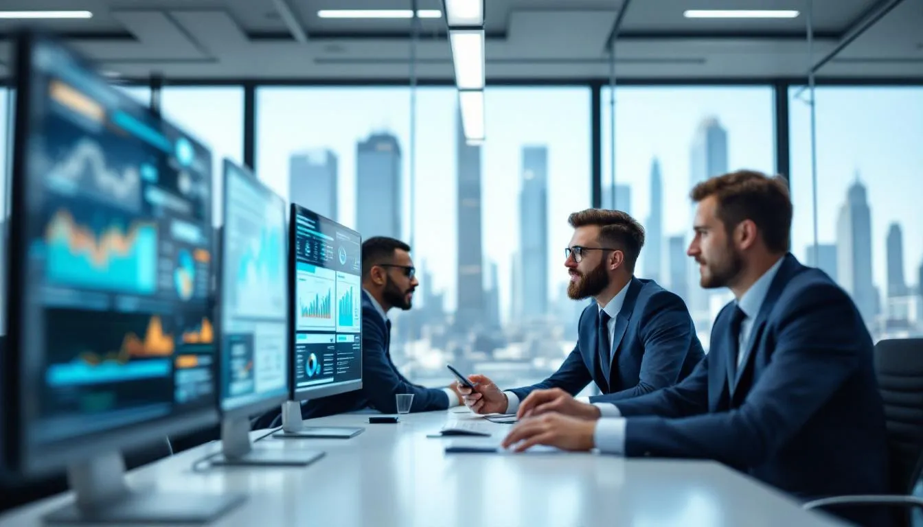 The image depicts a group of business professionals intently reviewing data analytics displayed on multiple computer screens, focusing on metrics related to customer feedback and online reputation management. Their collaborative effort highlights the importance of an effective reputation management strategy in enhancing a brand's positive digital presence and addressing customer sentiment.