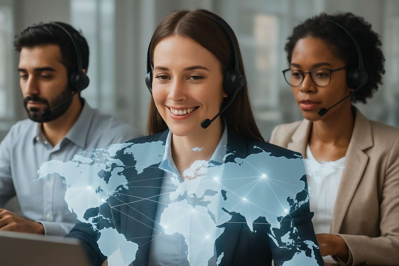 Business online presence management concept with diverse customer service team and global network map.