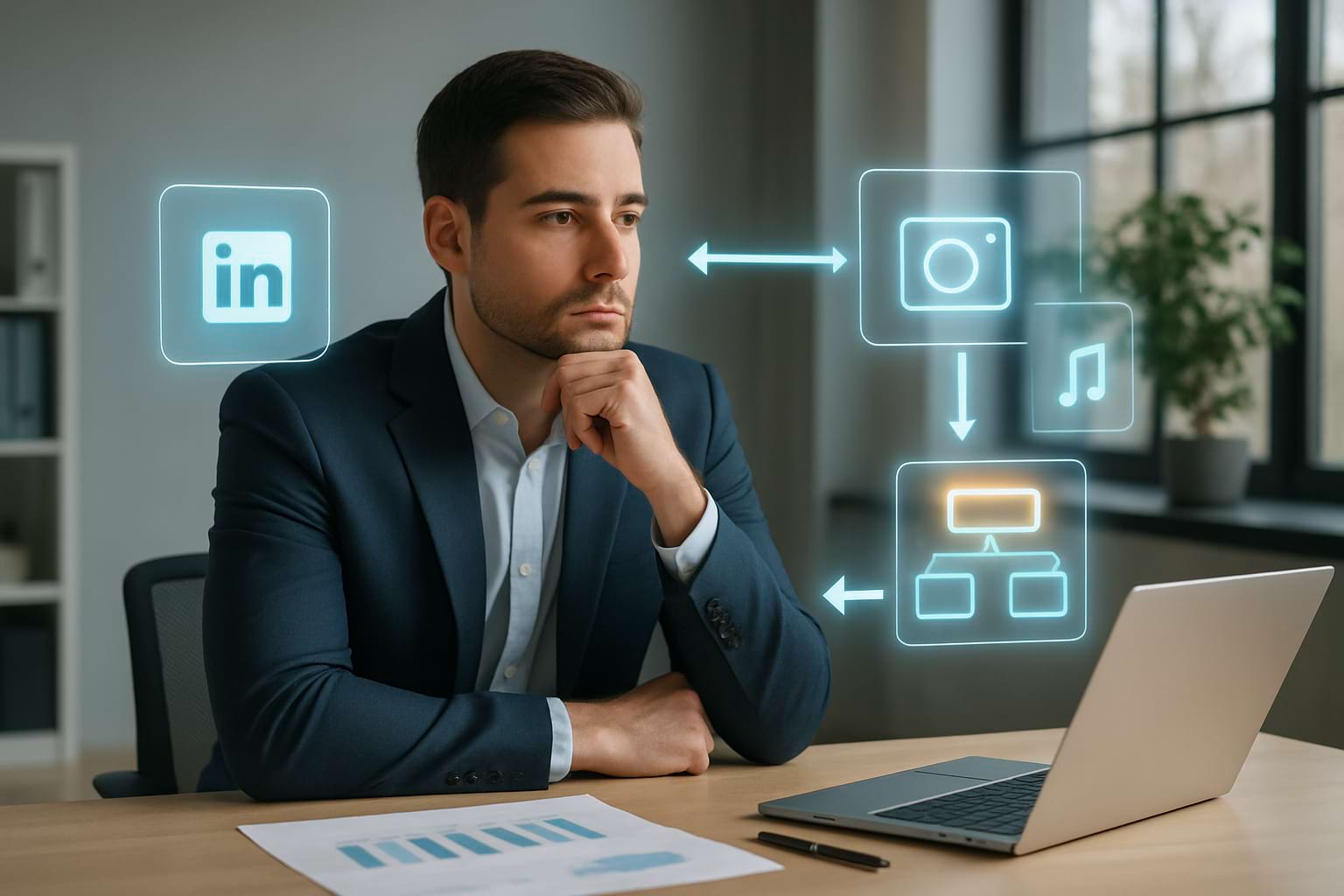 Professional analyzing a digital workspace with conceptual icons representing social media strategy and platform selection.