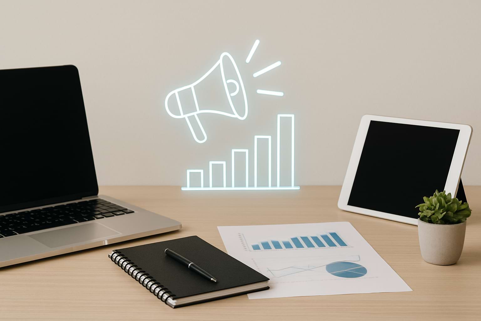 Minimalist desk setup with digital marketing symbols representing content workflows and long-term brand growth.