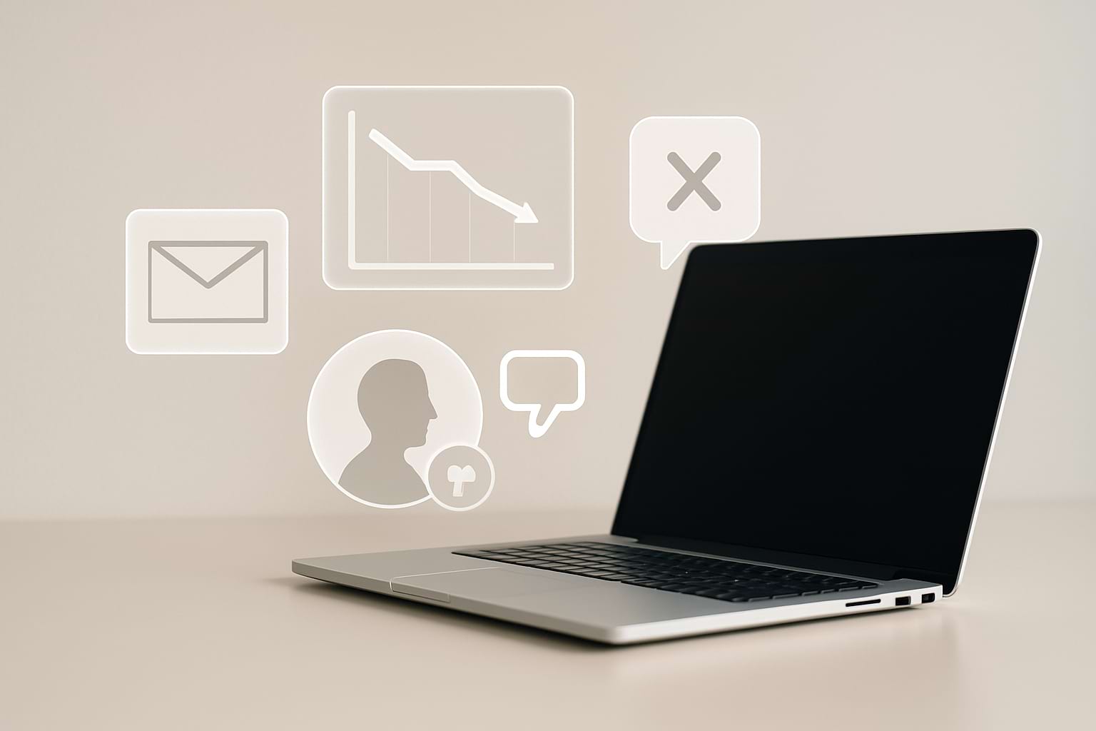 Minimalist tech workspace with laptop and holographic analytics symbols suggesting early reputation concerns.