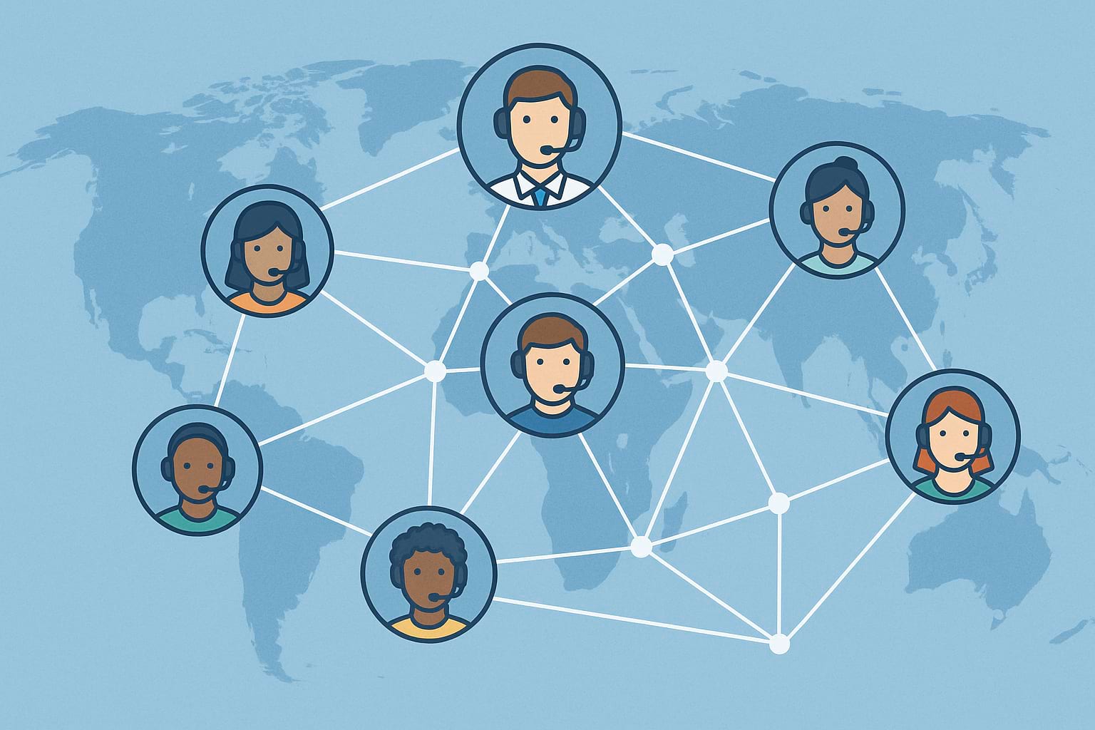 Abstract illustration showing global customer service network with diverse people connected across world map.