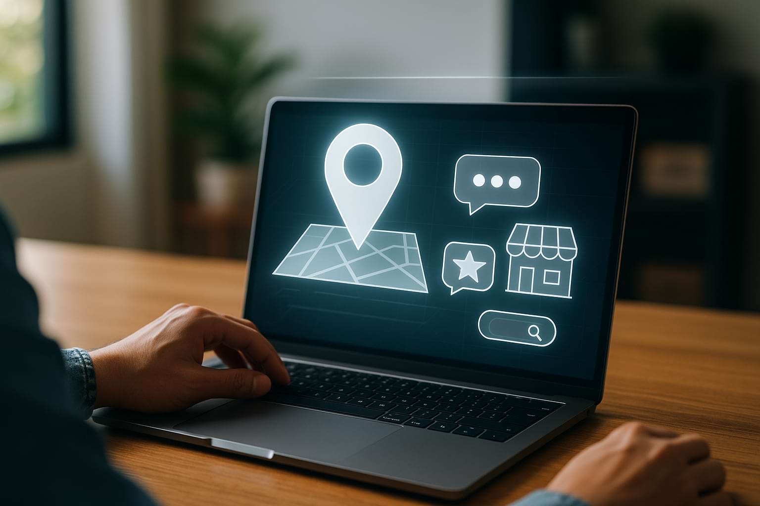 Google Company Profile concept with holographic nearby search icons on a laptop in a modern workspace.