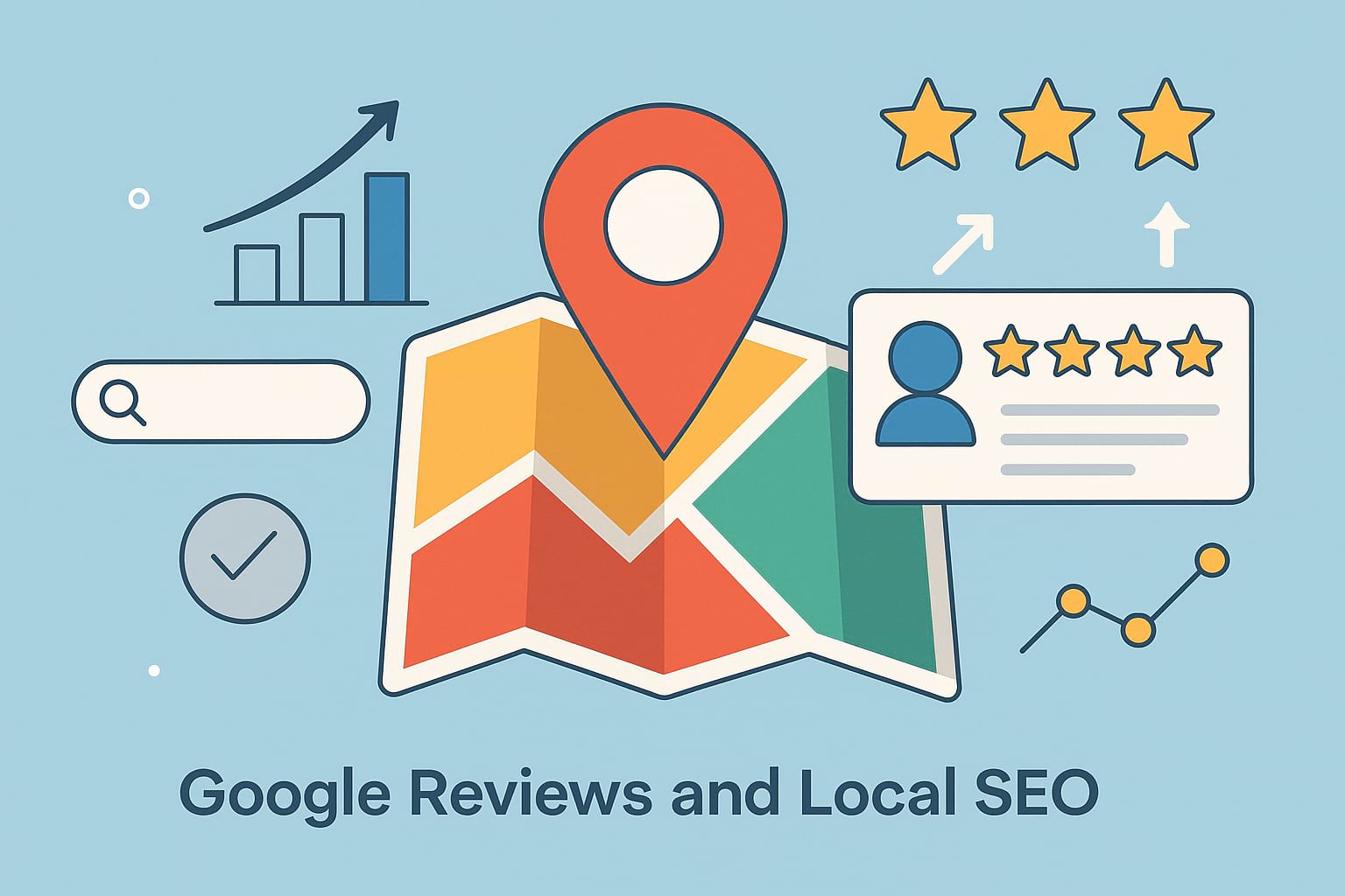 Conceptual illustration depicting Google reviews impact on local SEO rankings with map pins, stars, and growth chart elements.