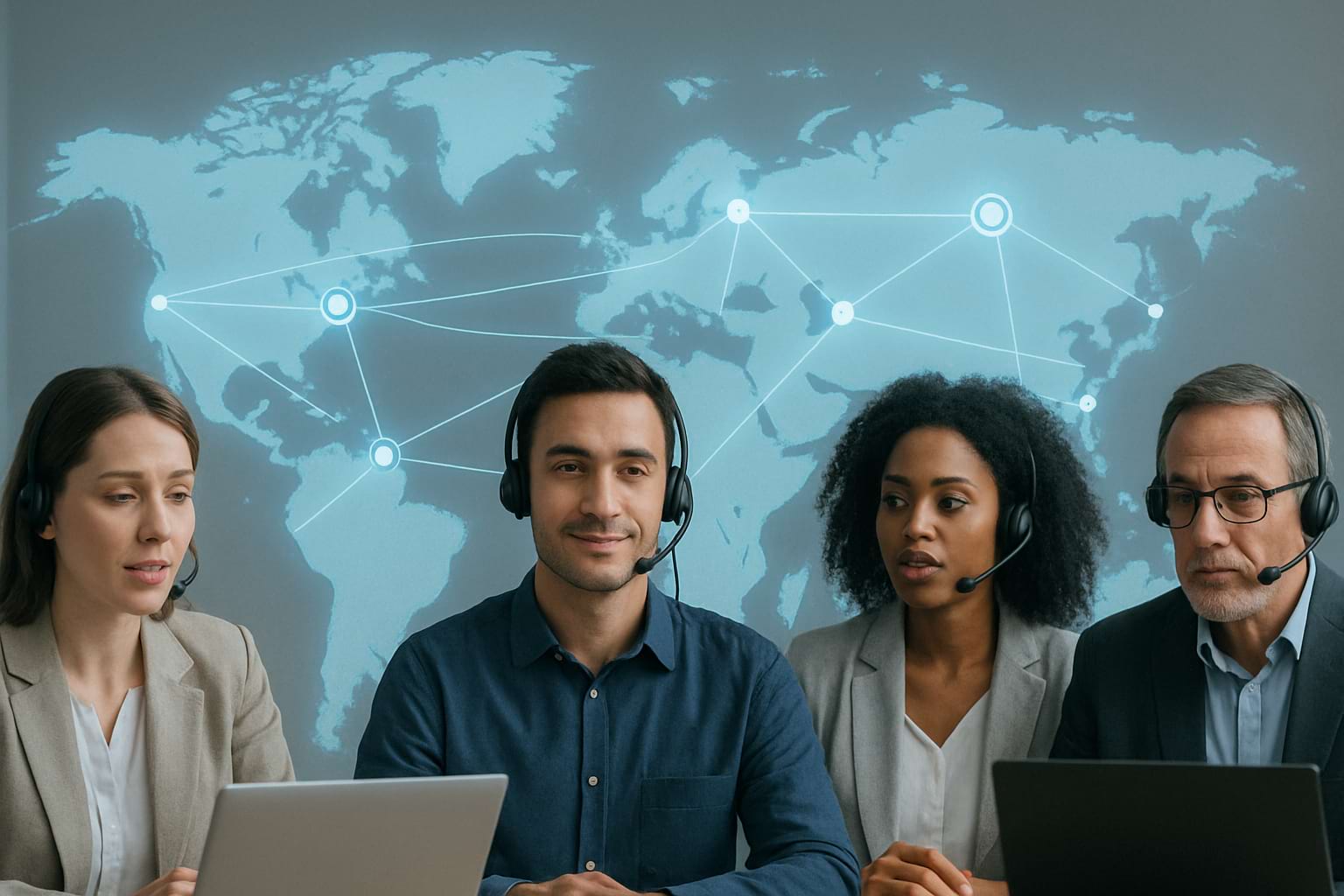 Global customer support team collaborating with interconnected world map backdrop.