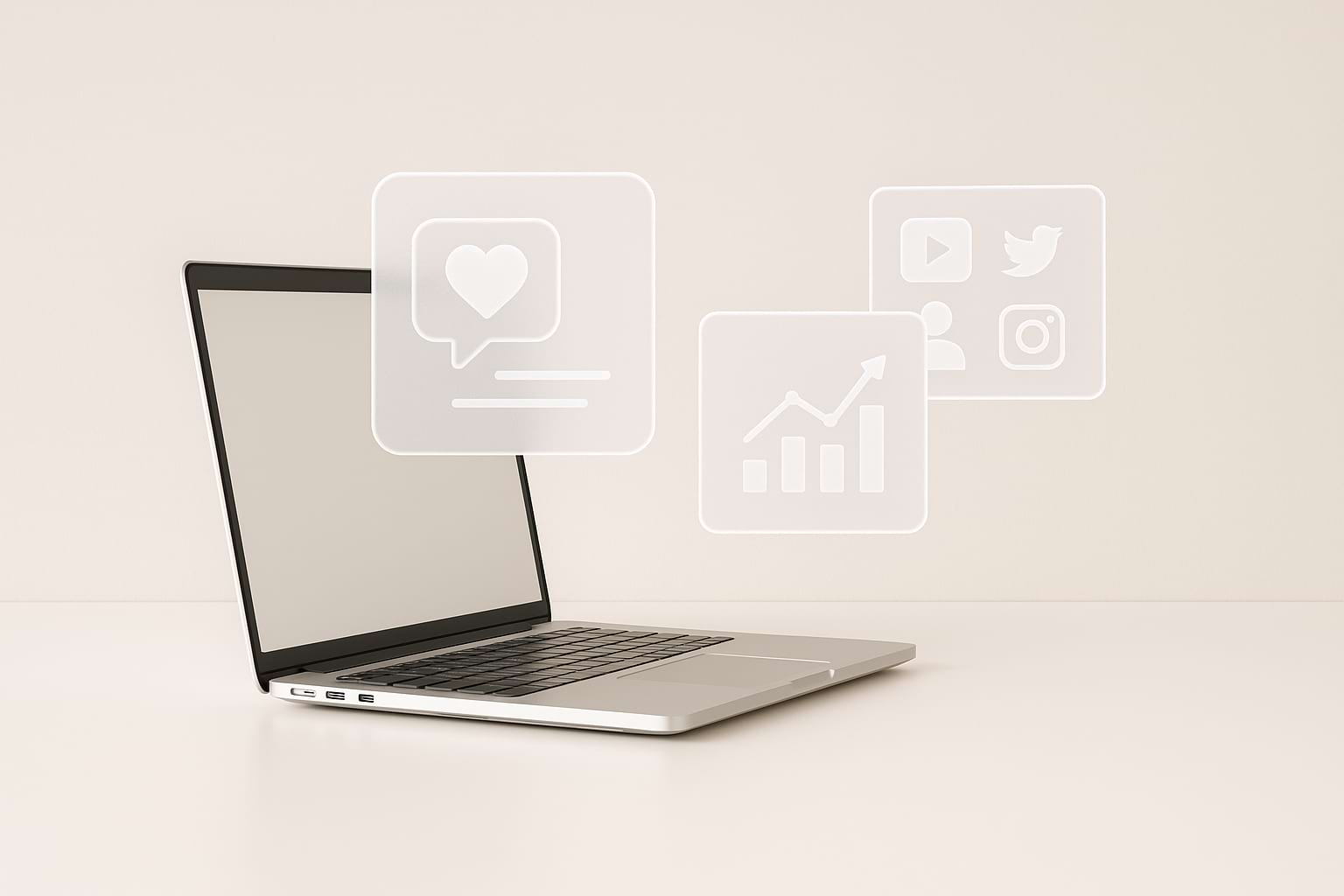 Minimalist workspace with laptop and holographic social media icons representing professional brand management strategy