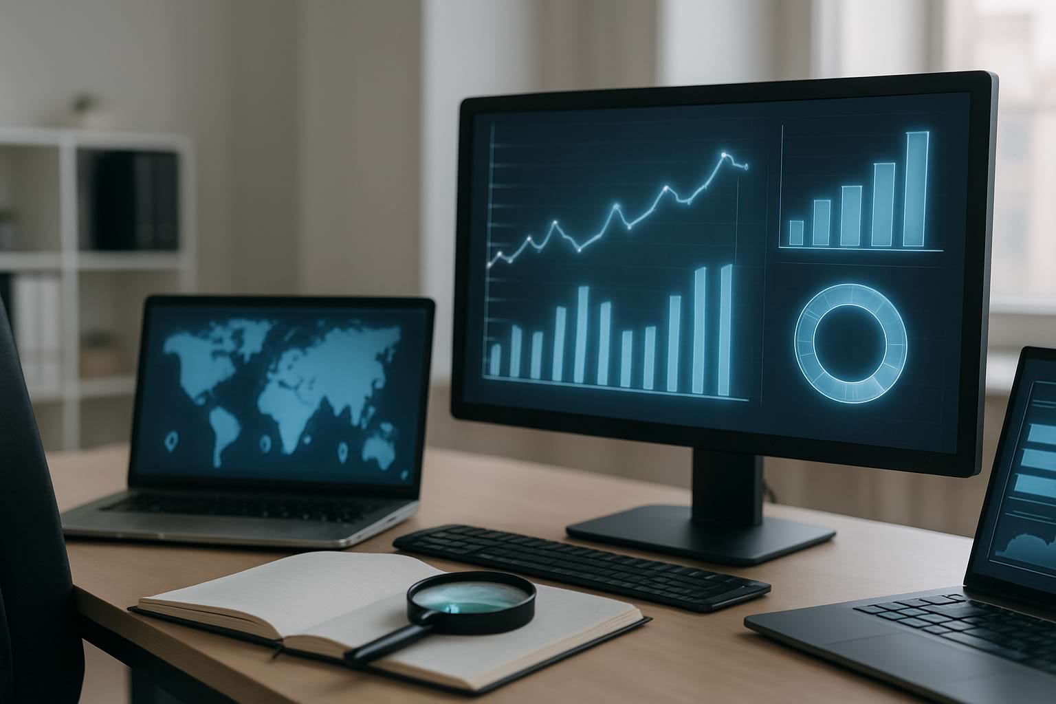 Monitoring tools concept with data dashboards and analytic visuals in a modern workspace.