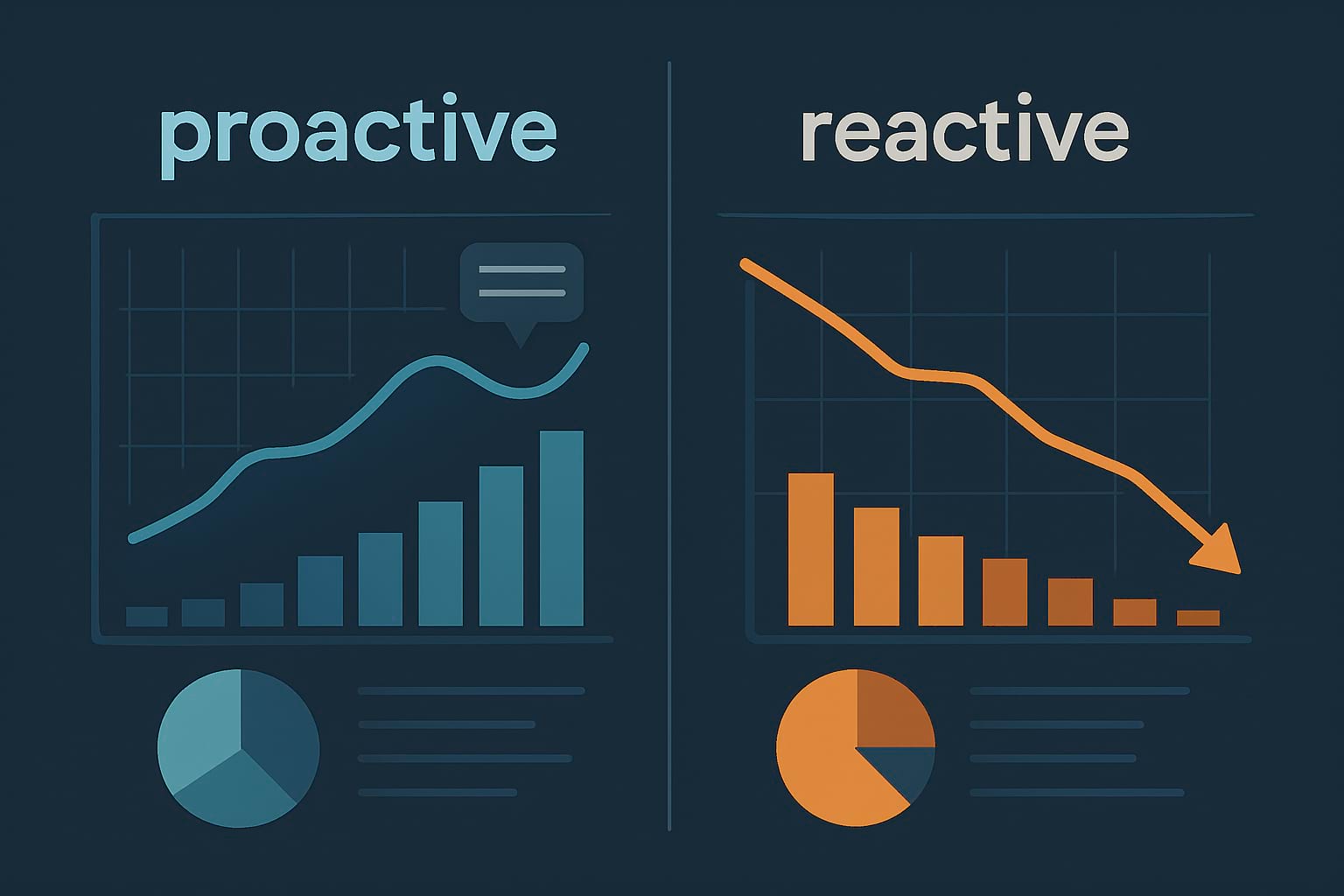 Proactive versus reactive reputation insights visualized through contrasting analytic dashboards and trend charts.