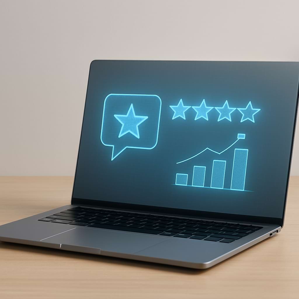 Reputation management concept shown through minimalist laptop with holographic review visuals.