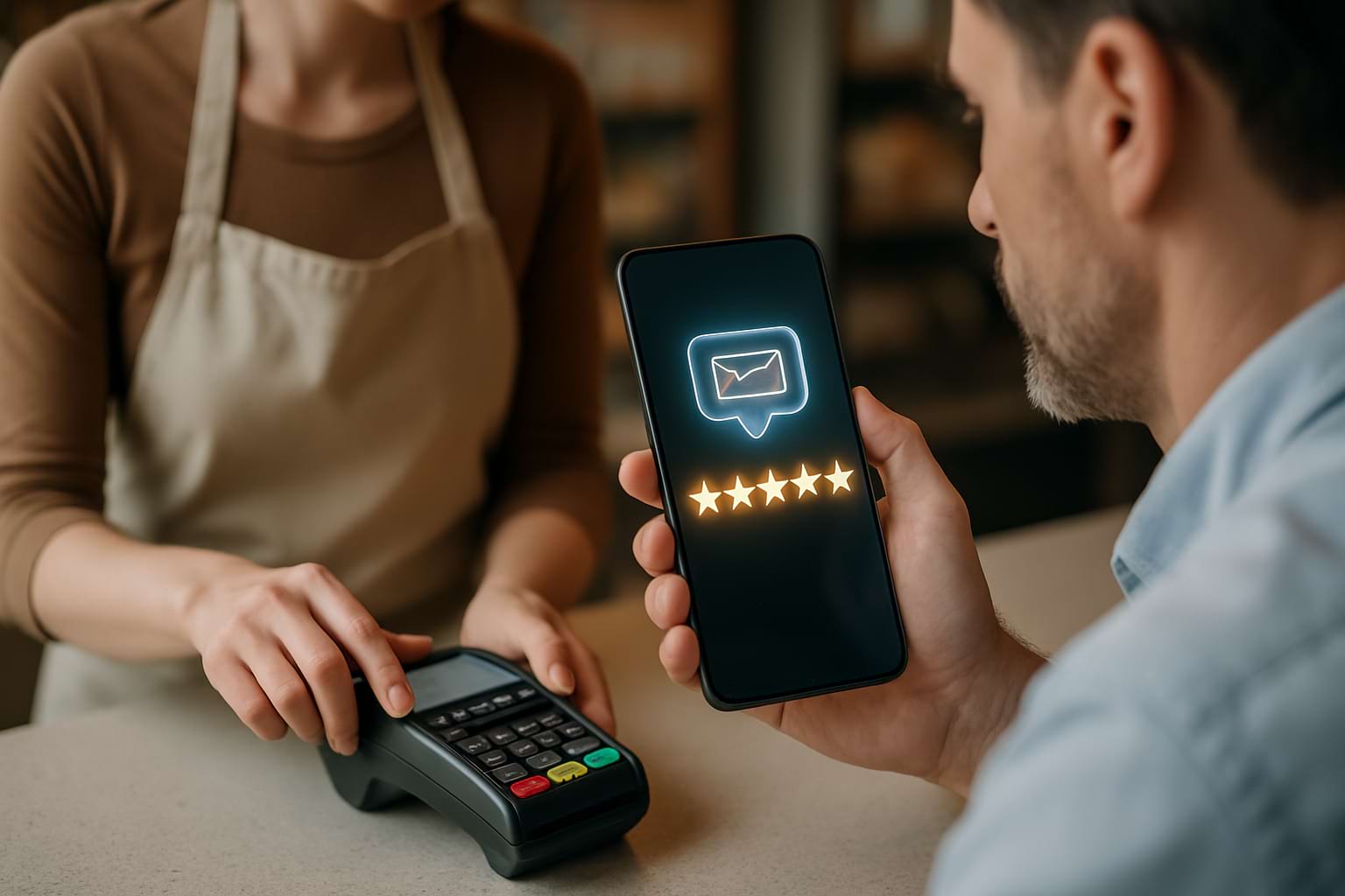 SMS mobile review request concept showing customer receiving feedback prompt during checkout.