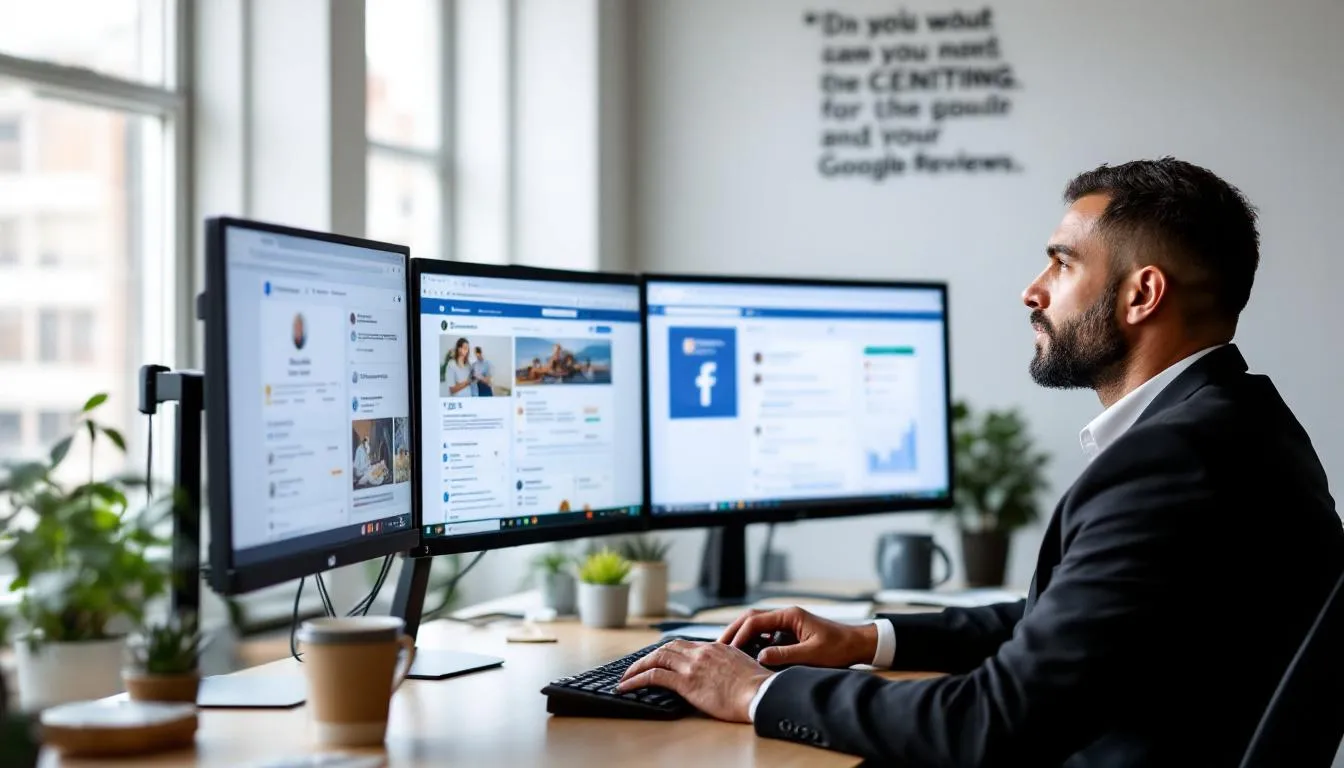 The image depicts a business owner analyzing multiple computer screens, each showcasing various social media applications and popular review sites. This setup highlights the importance of online reputation management, as the owner seeks to track client observations and maintain a strong online presence for their brand.