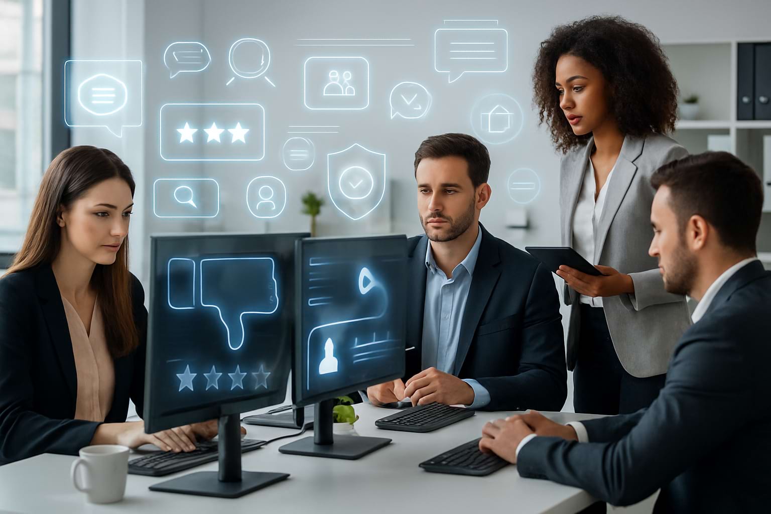Corporate team analyzing digital feedback with holographic reputation indicators in a modern office.