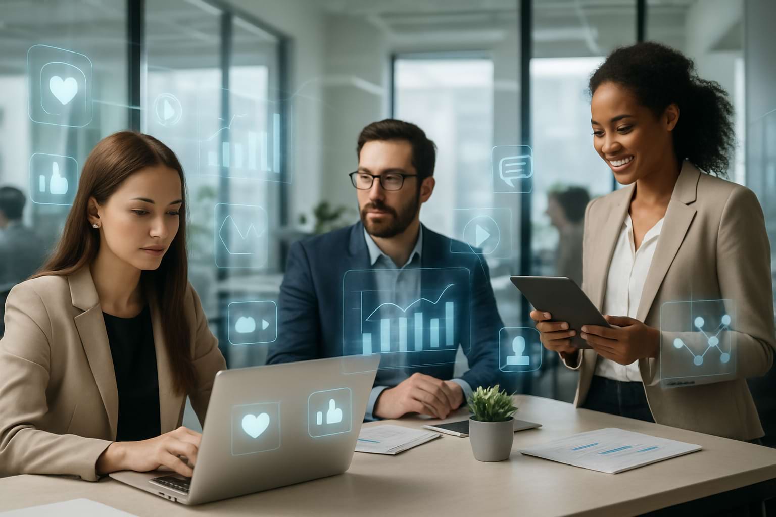 Team working in a modern office with holographic social media and analytics icons.