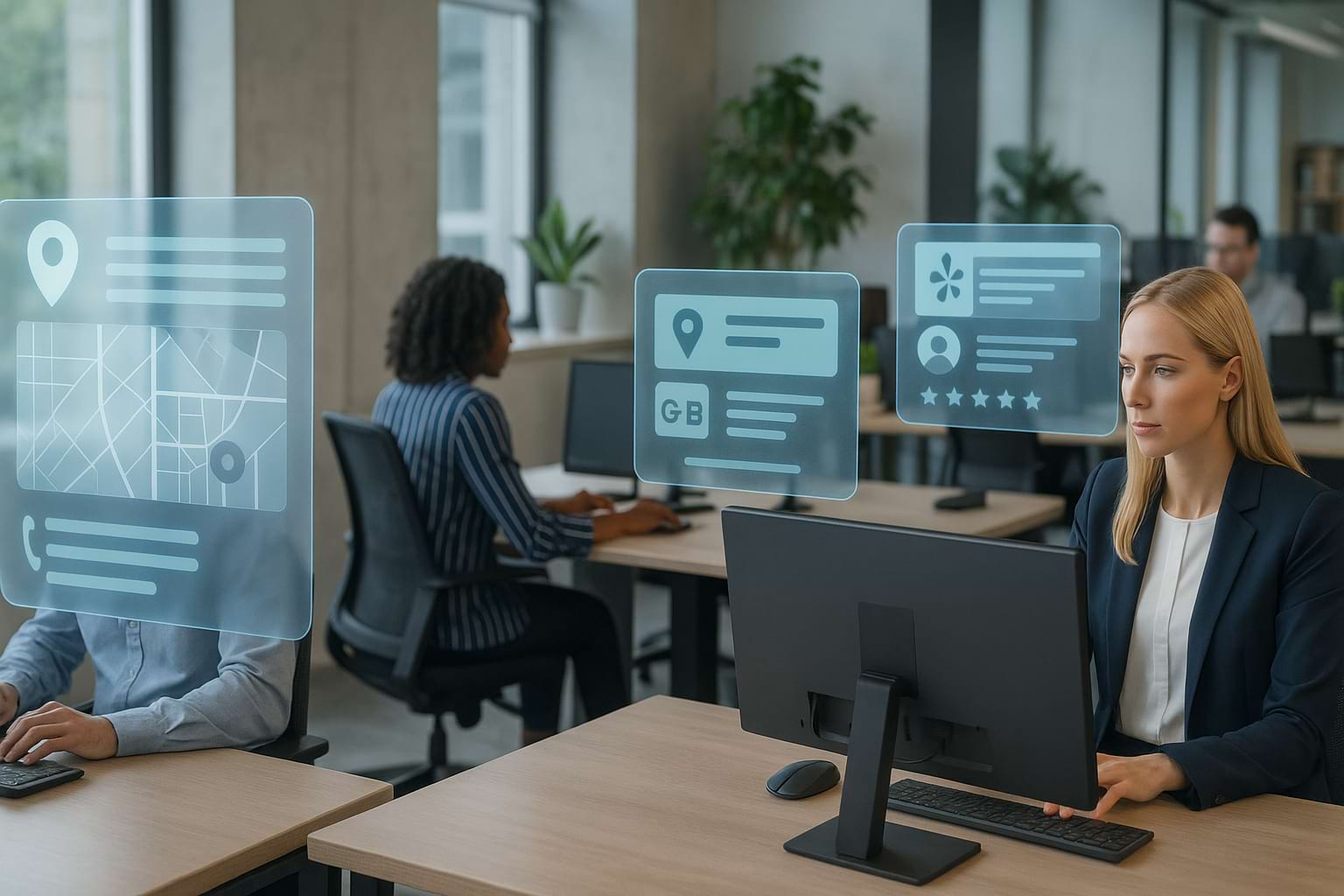 Professional office team analyzing digital regional business data with holographic interfaces.