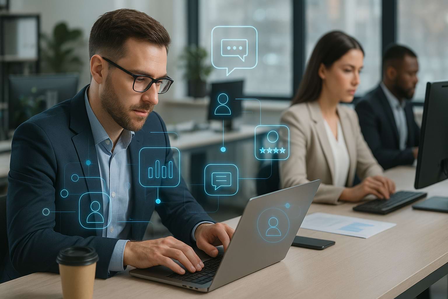 Professionals using reputation management technology in modern office