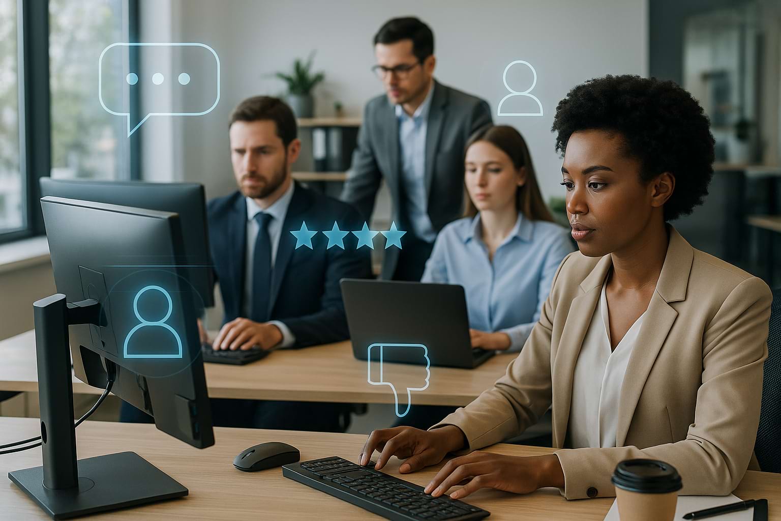 Professionals in modern office using computers with digital holographic elements representing reputation management and brand monitoring