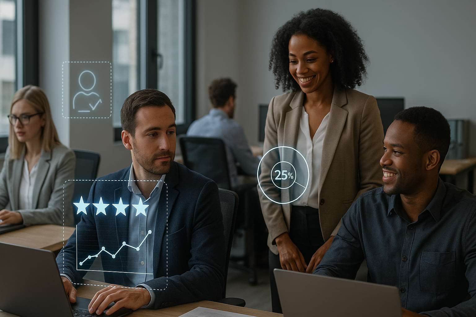 Reputation management teamwork in a modern office with professionals collaborating around data-driven holographic visuals.