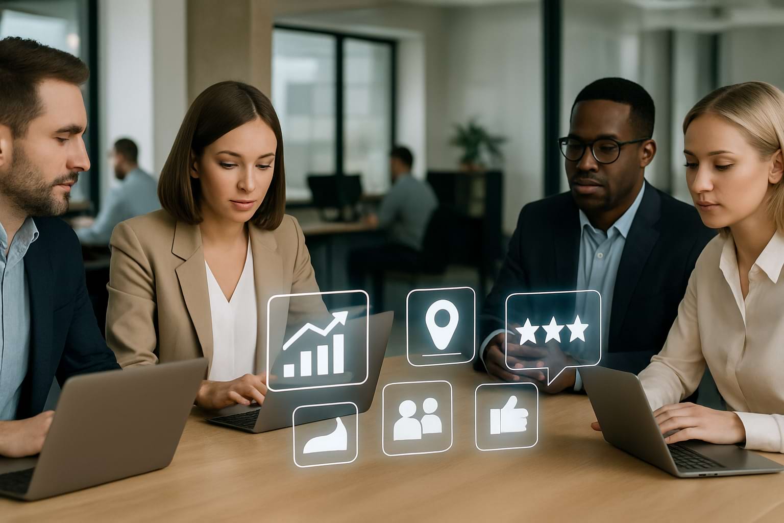 Proactive reputation building in a modern office with professionals collaborating around digital reputation dashboards.