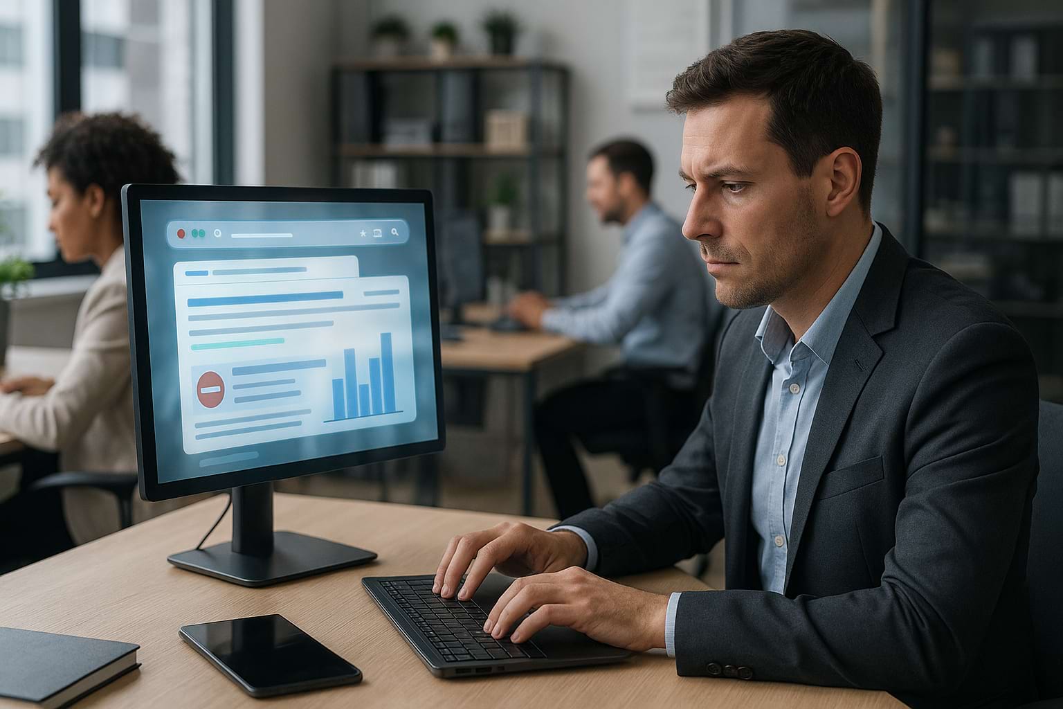 Online reputation repair concept showing professionals managing digital inspection results and strengthening a positive online presence.