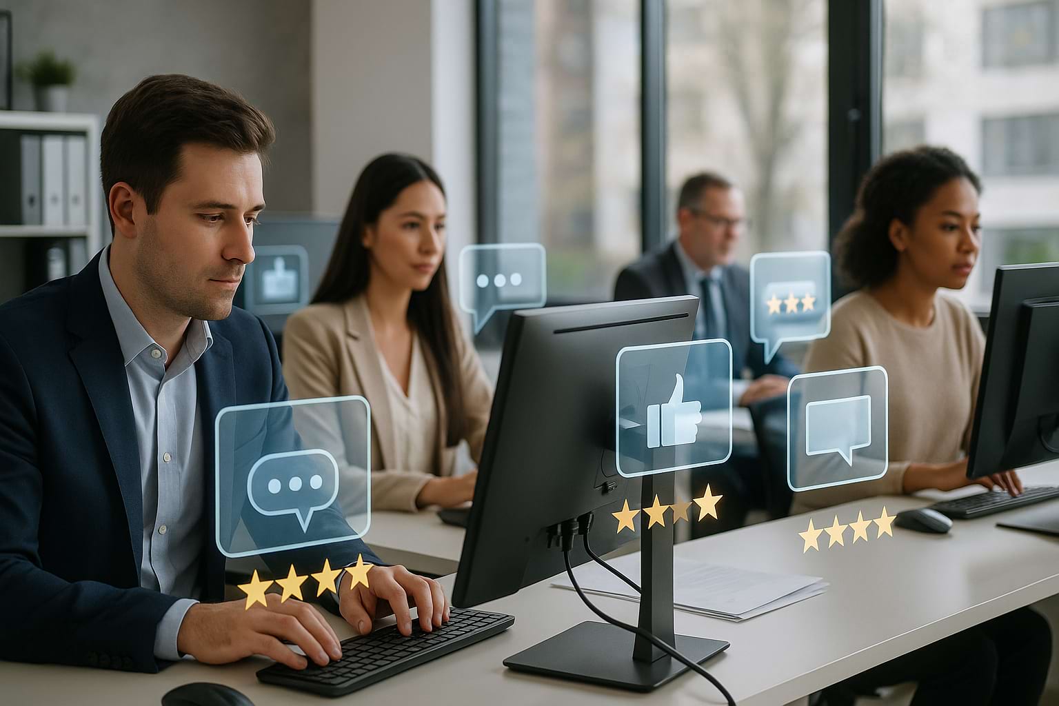 Professional office team analyzing customer feedback with subtle holographic review overlays supporting business growth.