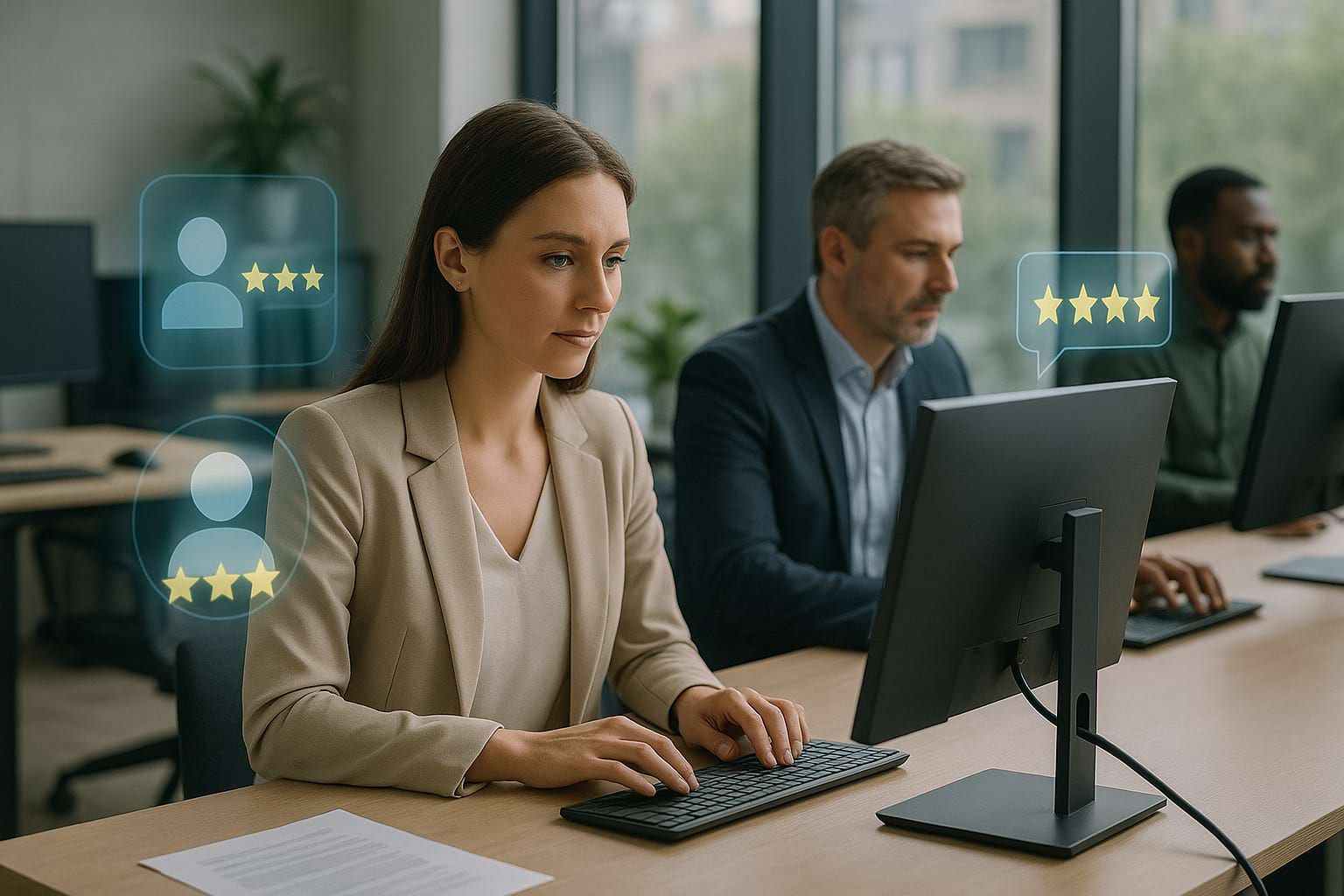 Professionals analyzing client feedback data with holographic visuals in a modern office setting.