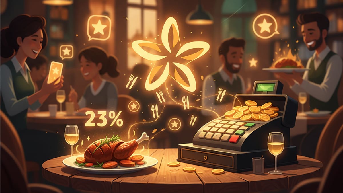 A bustling restaurant scene featuring a 23% discount on a chicken dinner, complete with a cheerful, coin-filled cash register.