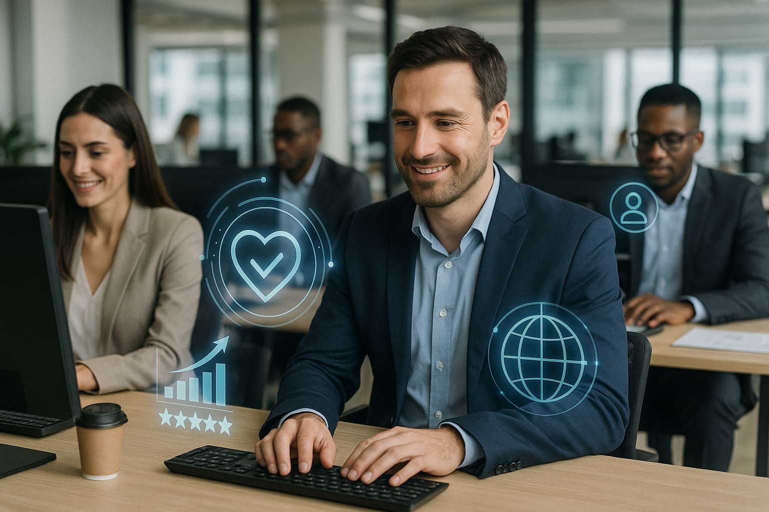 Modern office team working at computers with subtle holographic graphics symbolizing online reputation management.