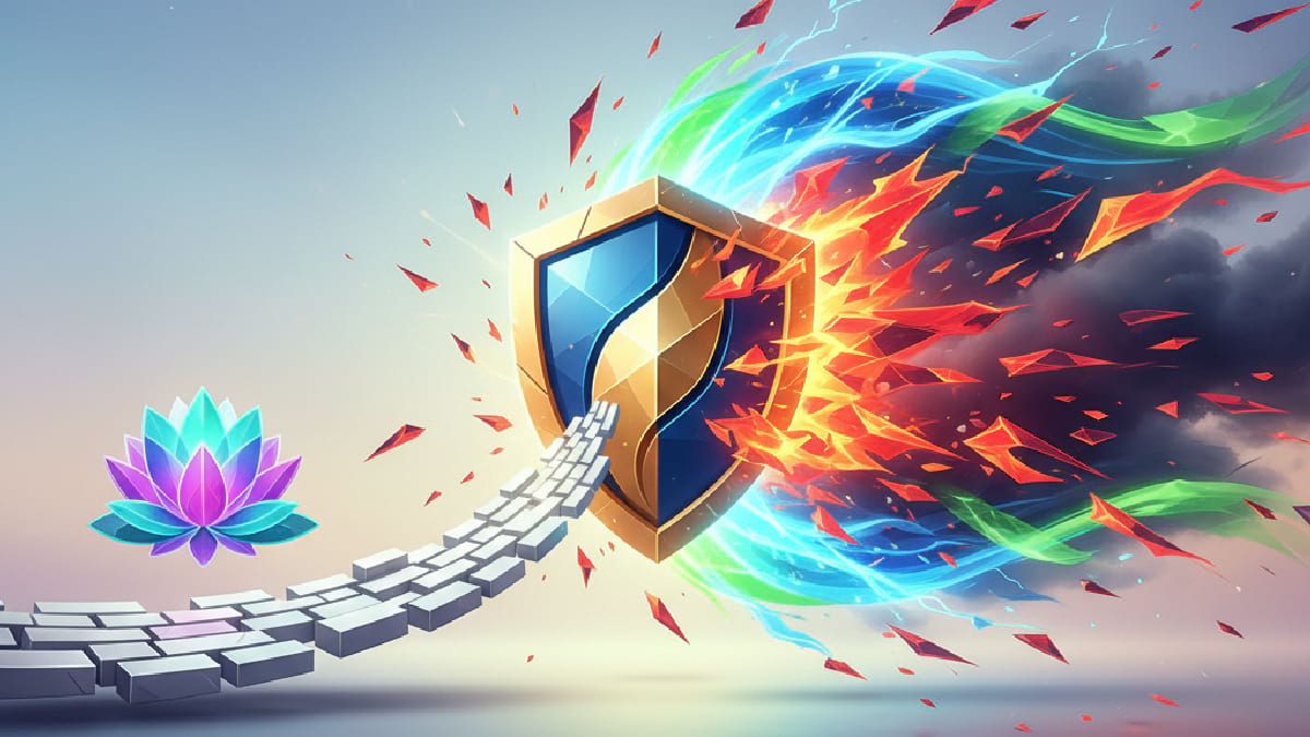 Illustration of a shield reflecting fire and ice, symbolizing balance and protection.