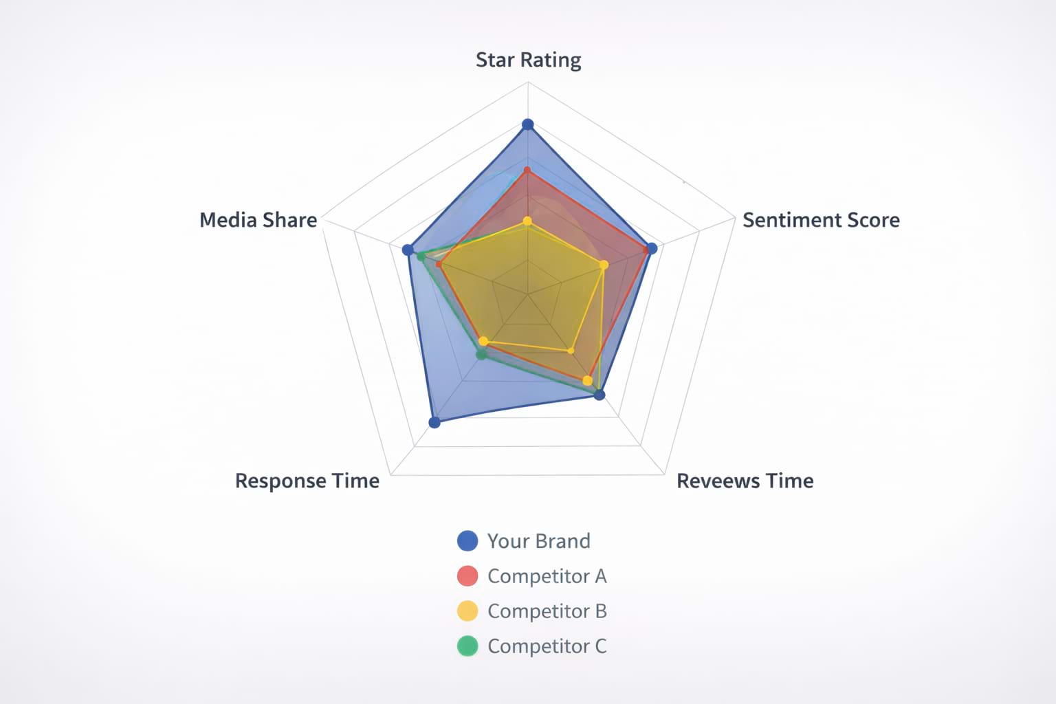 Competitive benchmarking radar chart across multiple reputation metrics.
