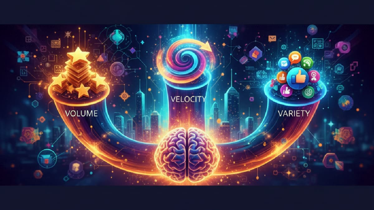 A vibrant digital illustration of Big Data’s 3Vs—Volume, Velocity, and Variety—linked by a brain against an innovative cityscape.