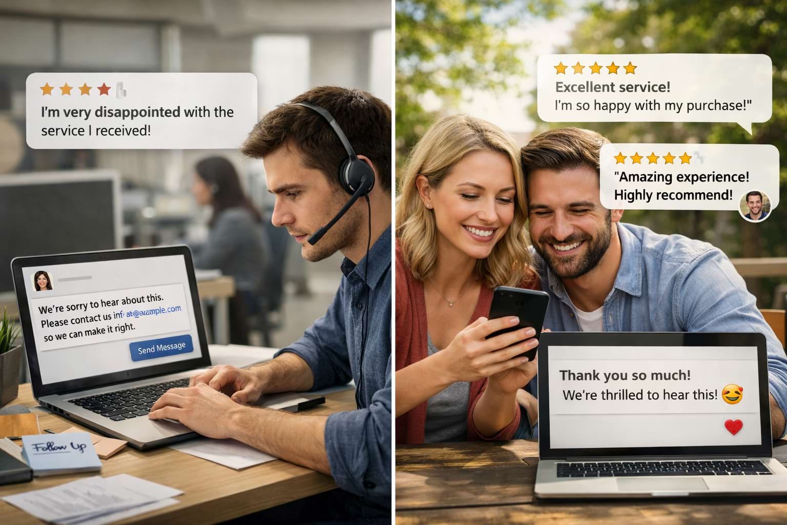 Split image showing a customer service agent responding to a negative review and a happy couple sharing positive feedback.