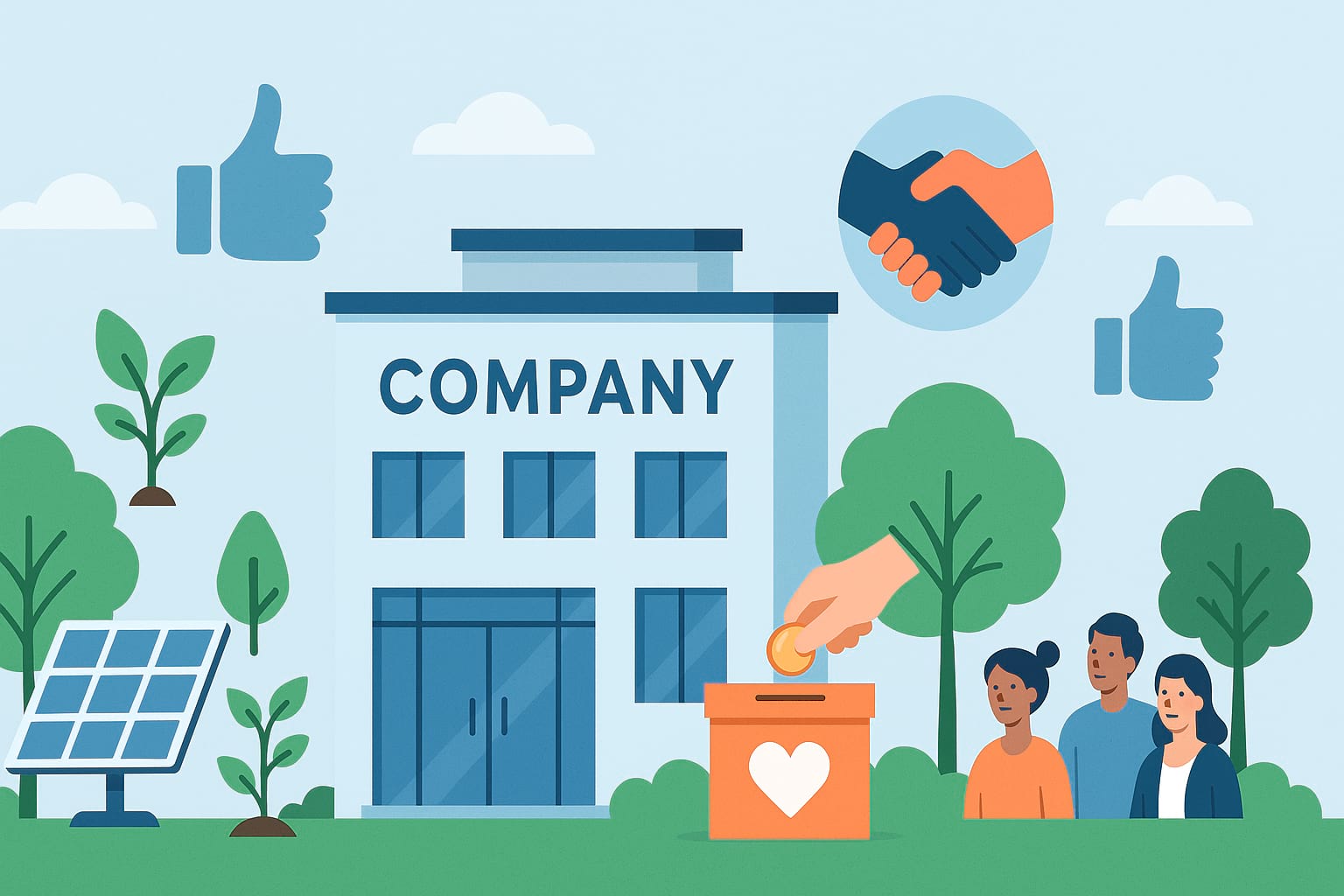 Eco-friendly company with solar panel, donation box, diverse people, and CSR icons.