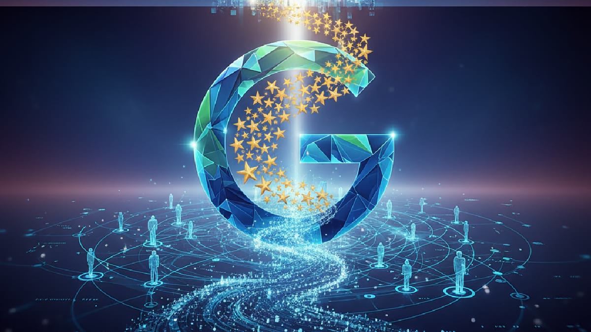 Futuristic "G" logo with digital stars, amid glowing network of figures on a tech-themed background, symbolizing innovation and connectivity.