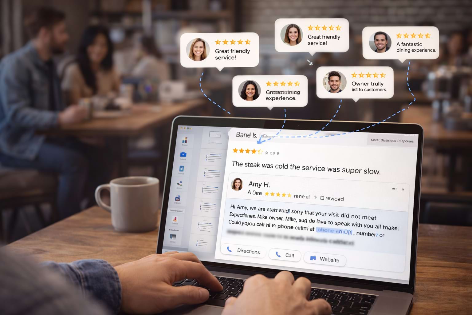 A person in a café responds to a negative review on a laptop, while positive 5-star reviews float above, connected by dotted lines—highlighting online reputation management.