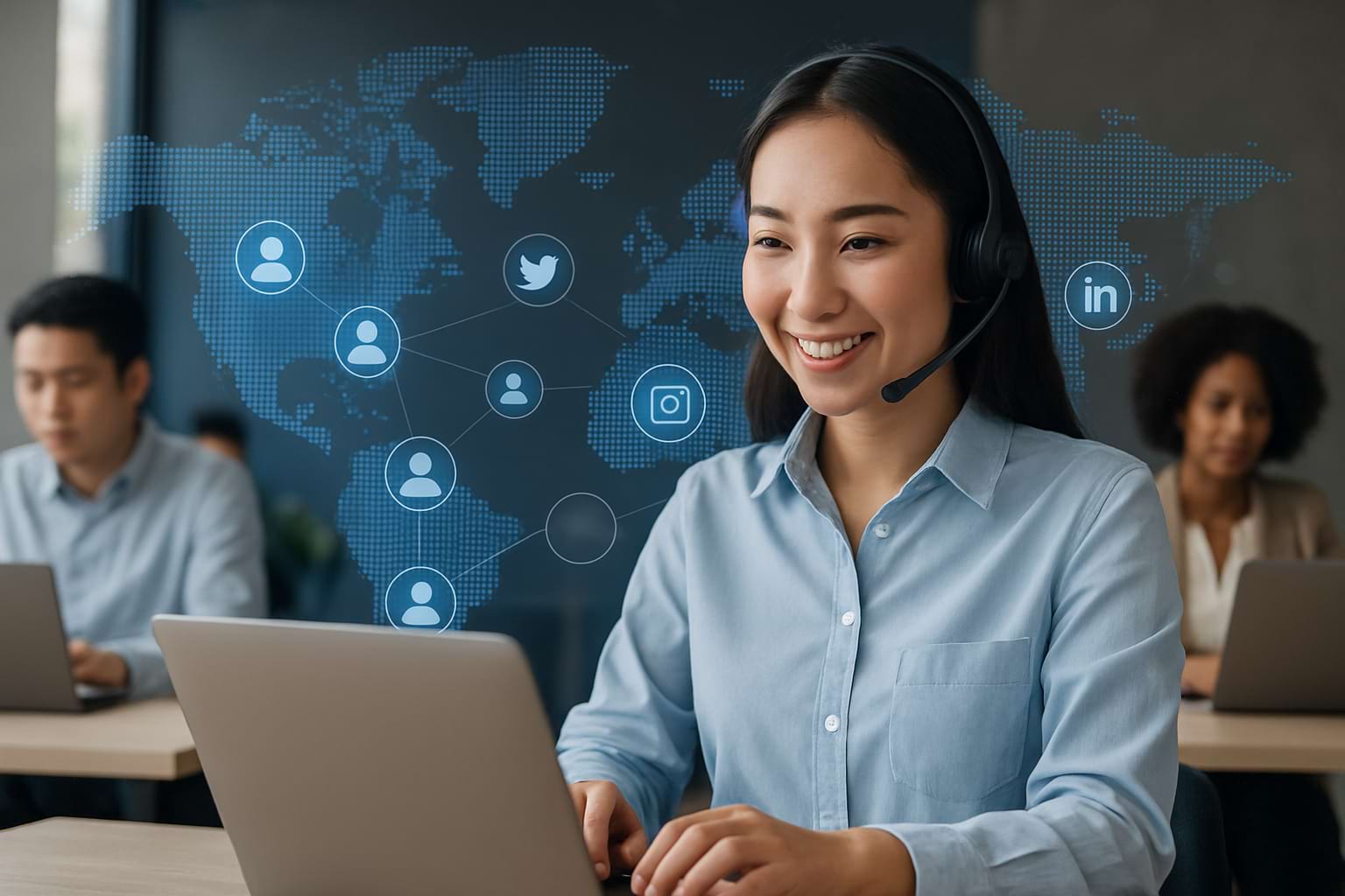 Online presence team supporting global customer engagement through interconnected networks