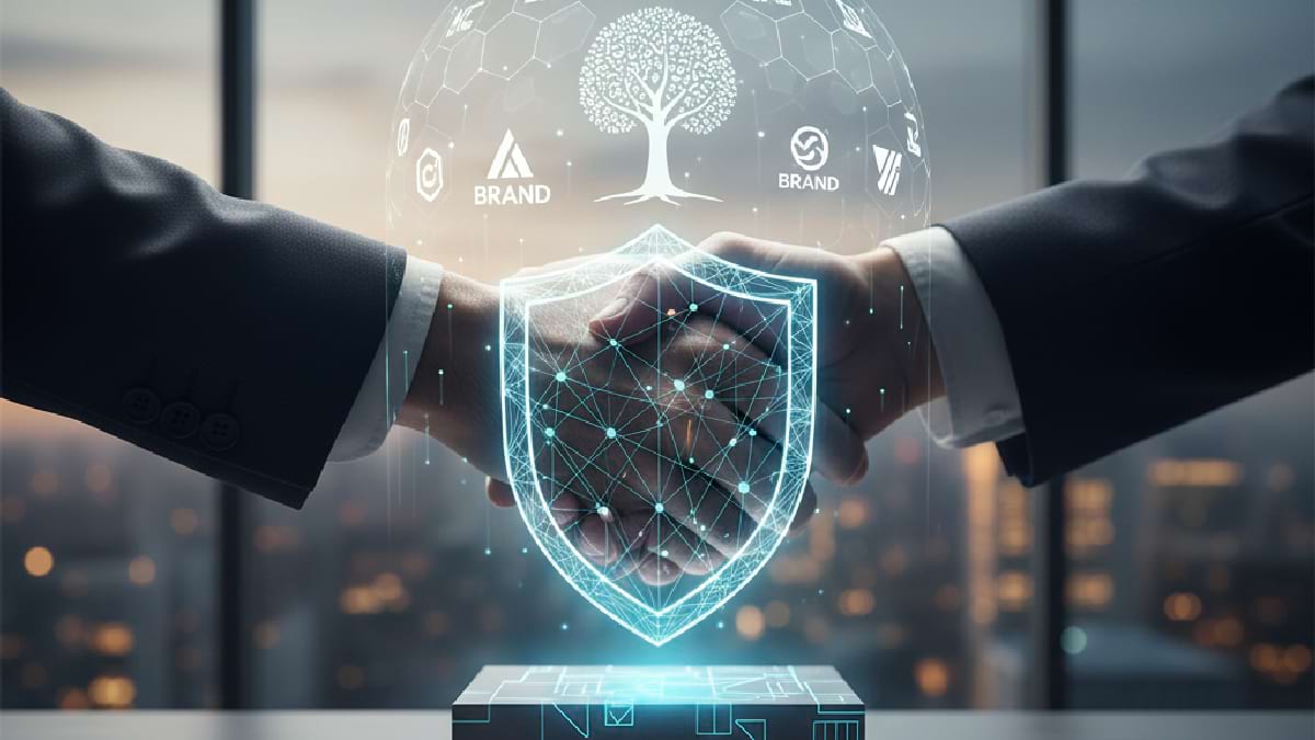 Two professionals shaking hands beneath a glowing digital shield and tree, symbolizing trust and partnership.