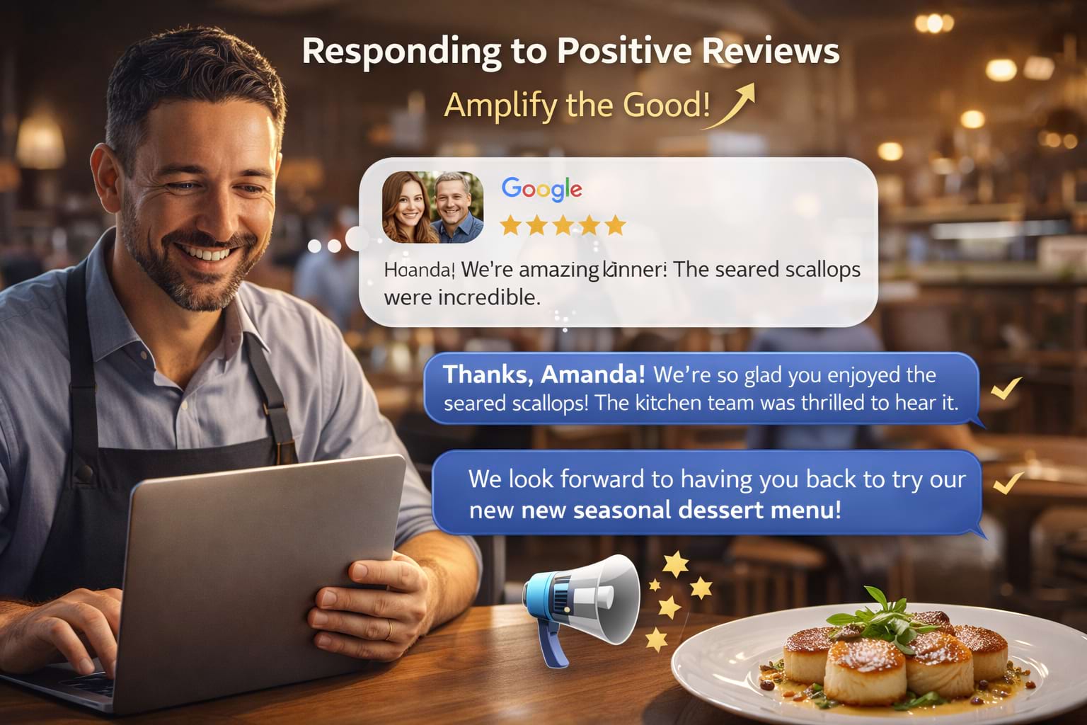 Laptop user cheerfully engaging with a positive scallop review in a restaurant setting.