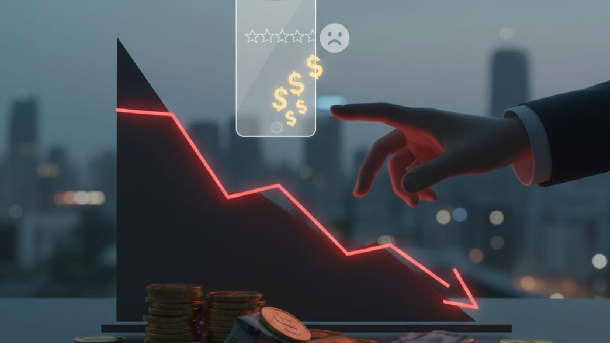 Hand pointing at a downward red arrow graph symbolizing financial loss.