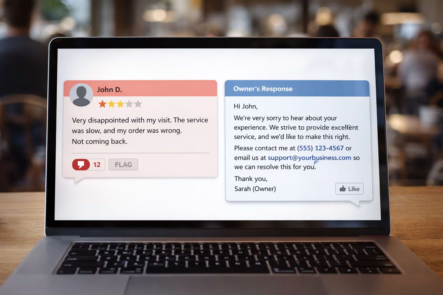 Illustration of a laptop showing a negative two-star review alongside a calm, professional owner response in a busy café setting.